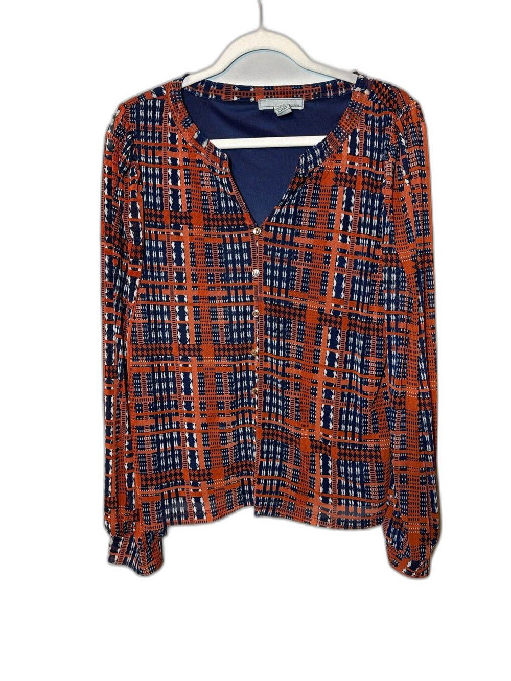 Rust Orange Navy Geometric Print Long Sleeve Blouse